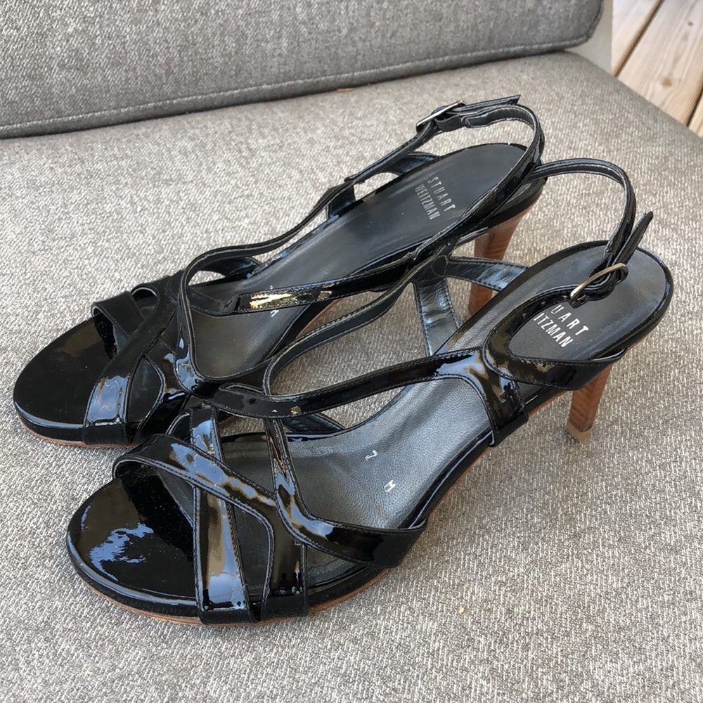 STUART WEITZMAN - Operetta Black Patent  Leather Heeled Sandals - Picture 4 of 12
